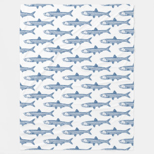 Couverture Polaire Motif d'anchois - bleu Shibori sur blanc