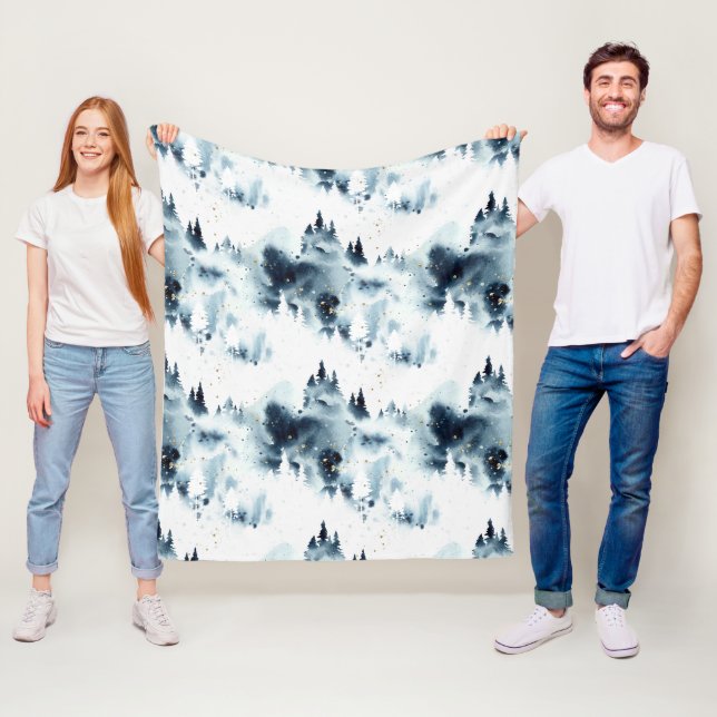 Couverture Polaire Motif d'aquarelle de la forêt bleue de minuit (En situation)
