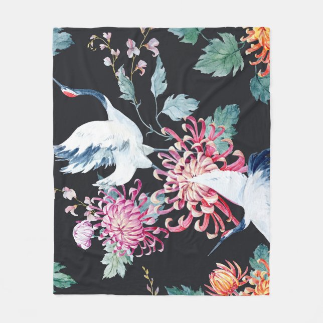 Couverture Polaire Motif d'aquarelle de la grue rouge Chrysanthemum (Devant)