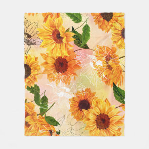 Couverture Polaire Motif d'aquarelle de tournesols jaunes dessinés à