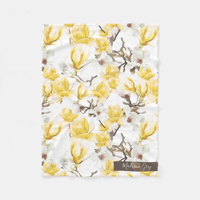 Couverture Polaire Motif d'aquarelle jaune et blanc Magnolia Blossom (Devant)