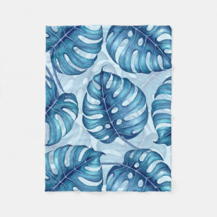 Couverture Polaire Motif d'aquarelle Monstera bleu