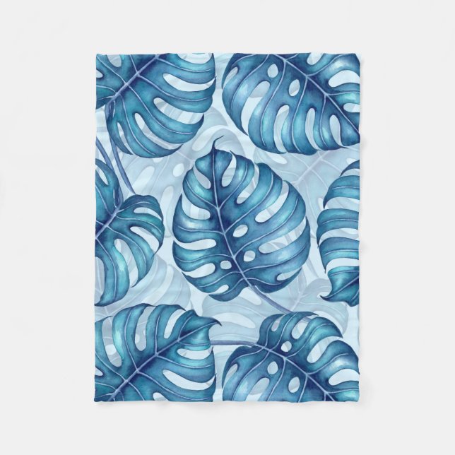 Couverture Polaire Motif d'aquarelle Monstera bleu (Devant)