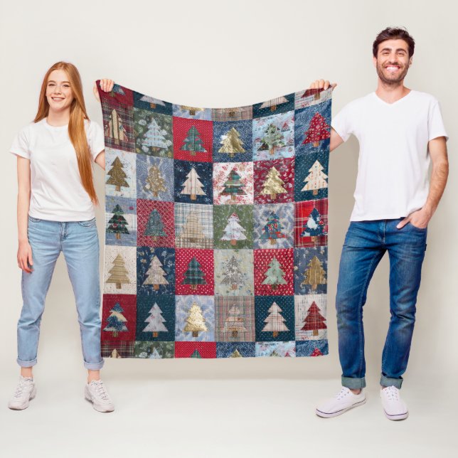 Couverture Polaire Motif d'arbre de Noël en patchwork festif (4) (En situation)