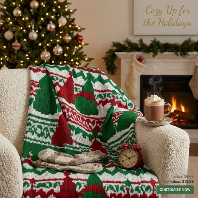 Couverture Polaire Motif d'arbre de Noël tricoté cosy  (Créateur téléchargé)