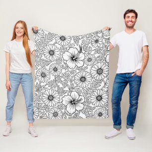 Couverture Polaire Motif d'art en ligne floral noir et blanc élégant