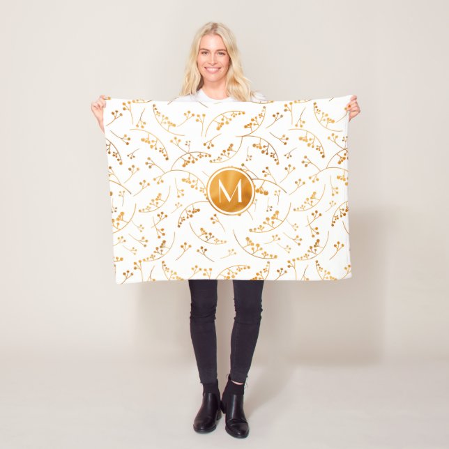 Couverture Polaire Motif de baies d'or Elegg monogramme sur blanc (En situation)