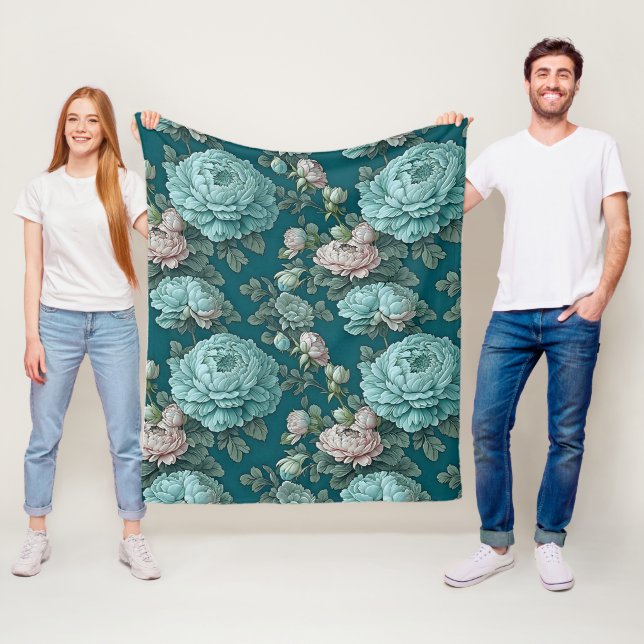 Couverture Polaire Motif de Blue Peonies sur un Arrière - plan vert (En situation)