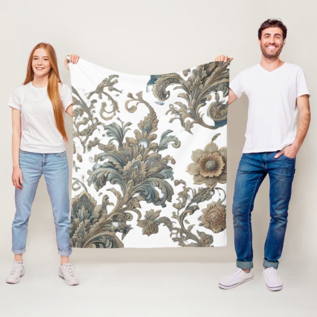 Couverture Polaire Motif de Brocade bleu-bleu sombre (En situation)