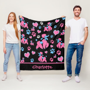 Couverture Polaire Motif de caniche rose et bleu sur fond noir