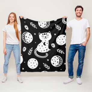 Couverture Polaire Motif de chat céleste mystique en noir et blanc