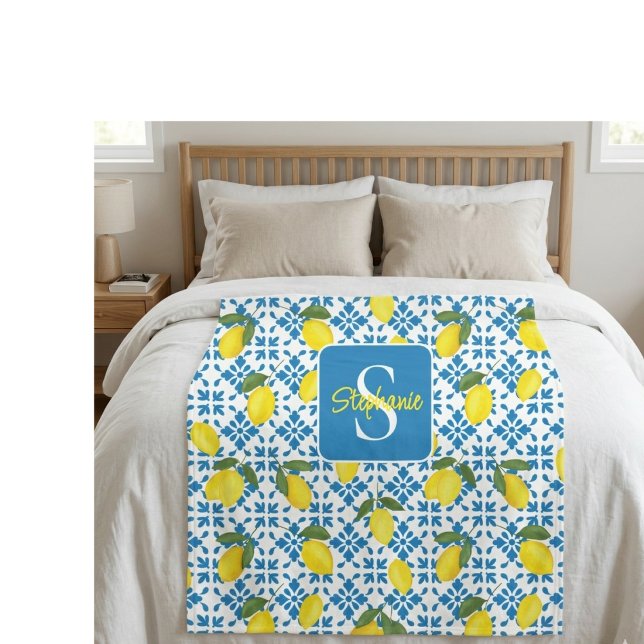 Couverture Polaire Motif de citron de carreau français bleu nom monog (Créateur téléchargé)