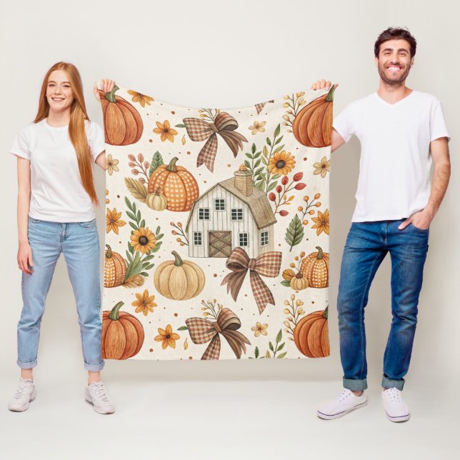 Couverture Polaire Motif de citrouille de ferme rustique d'automne (En situation)