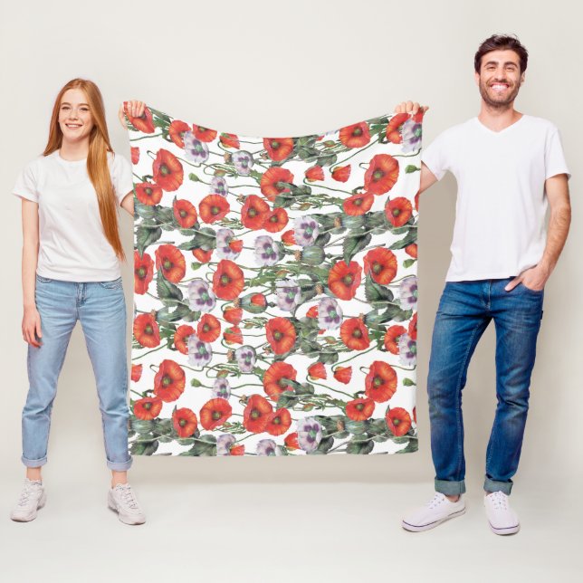 Couverture Polaire Motif de coquelicots rouges et violets (En situation)