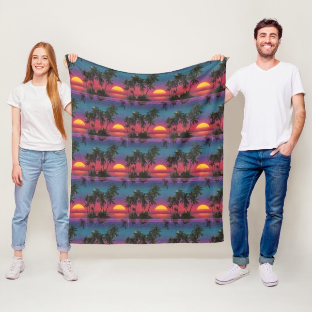 Couverture Polaire Motif de coucher de soleil avec palmiers de synthw (En situation)
