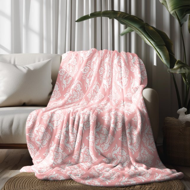 Couverture Polaire Motif de damas floraux blanc et rose (Créateur téléchargé)