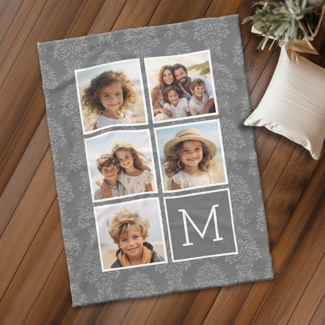Couverture Polaire Motif de Damas gris 5 Photo Collage Monogramme (Personalized fleece blanket with 5 photos and a monogram)