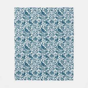 Couverture Polaire Motif de faisan et lièvre, blanc et bleu foncé