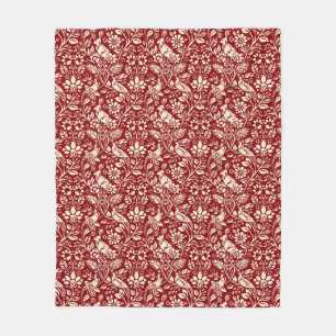 Couverture Polaire Motif de faisan et lièvre, rouge profond et crème