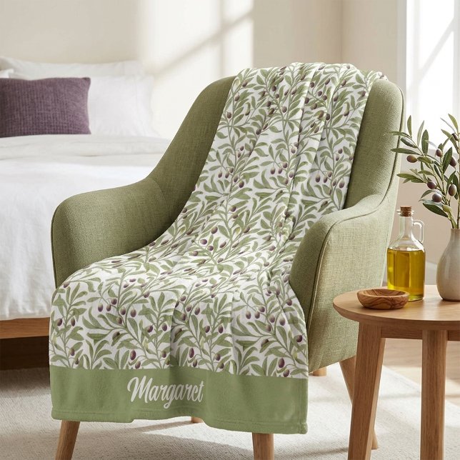 Couverture Polaire Motif de feuille d'olive verte sauge botanique (Botanical Sage Green Olive Leaf Pattern Fleece Blanket)