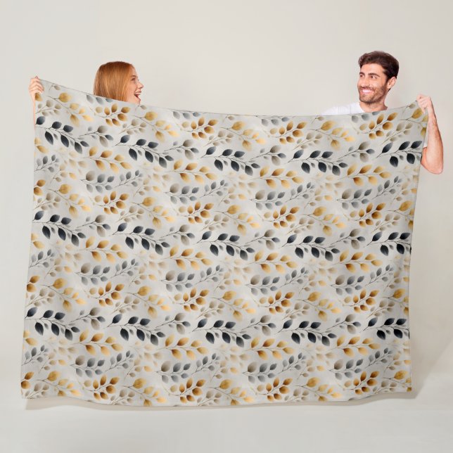 Couverture Polaire Motif de feuilles botaniques neutres beige boho cr (En situation)