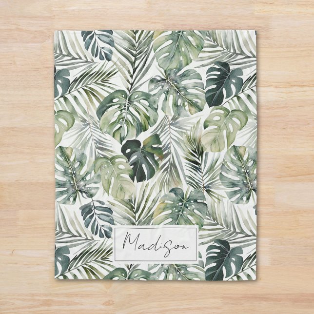 Couverture Polaire Motif de feuilles de forêt tropicale verte aquarel (In situ)