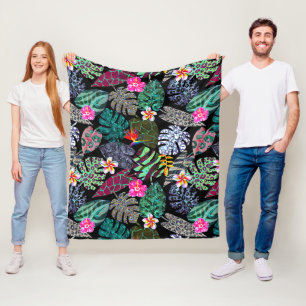 Couverture Polaire Motif de feuilles et de fleurs tropicales vibrante