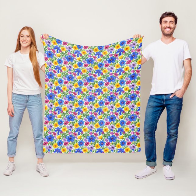 Couverture Polaire Motif de fleurs bleu jaune rouge violet vif (En situation)