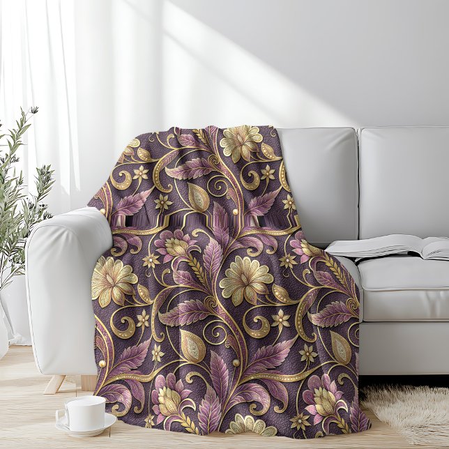 Couverture Polaire Motif de fleurs embossées violet et or (Créateur téléchargé)