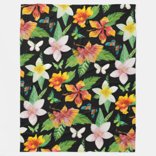 Couverture Polaire Motif de fleurs et papillons tropicaux