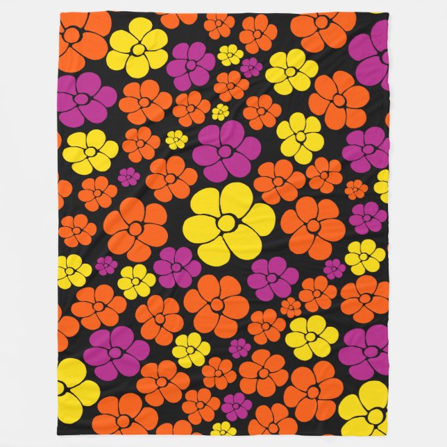 Couverture Polaire Motif de fleurs - Noir, Rose, Orange et Jaune (Devant)