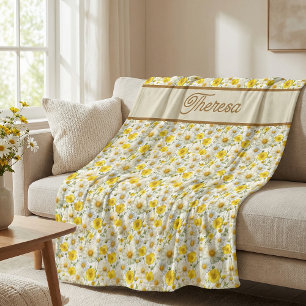 Couverture Polaire Motif de fleurs sauvages jaunes Monogramme Nom