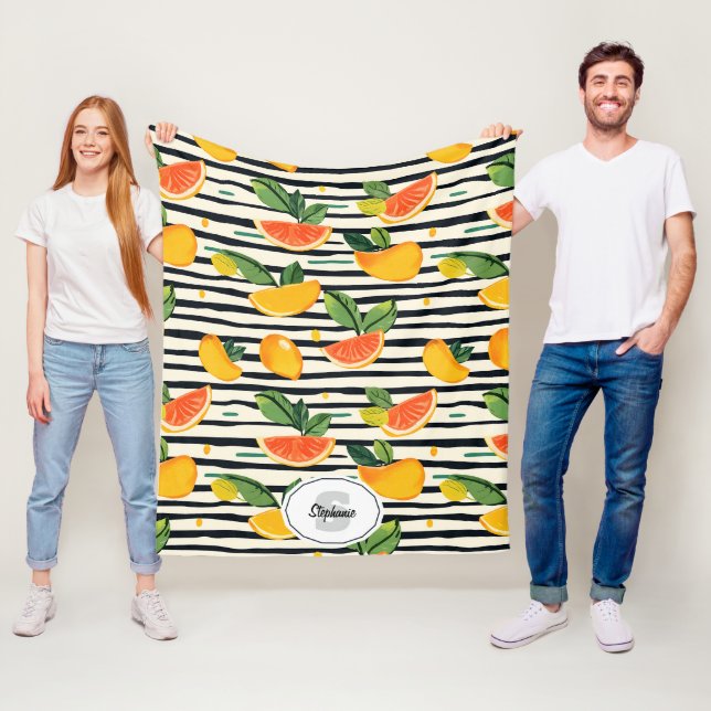 Couverture Polaire Motif de fruits d'agrumes avec Feuilles verts (6) (En situation)