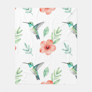 Couverture Polaire Motif de Hibiscus à Colibri Turquoise