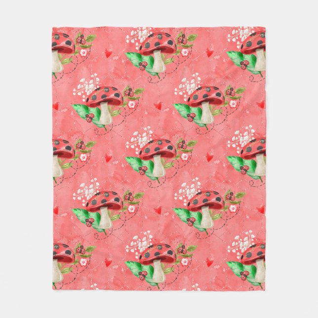 Couverture Polaire Motif De Ladybug Rose Et Champignons (Devant)