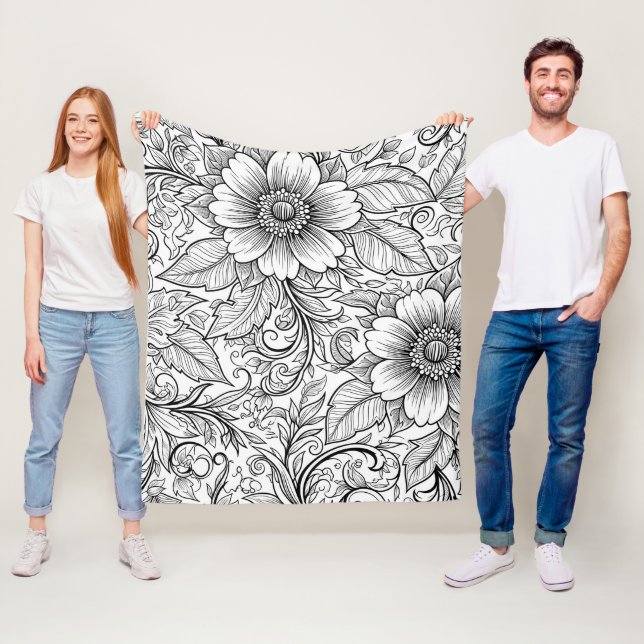 Couverture Polaire Motif de luxe floral monochrome chic (3) (En situation)