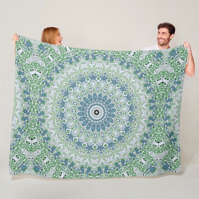 Couverture Polaire Motif de mandala côtier vert de mer et bleu (En situation)