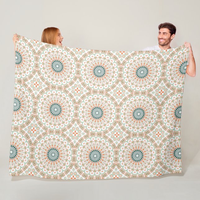 Couverture Polaire Motif de mandala moderne orange et vert (En situation)