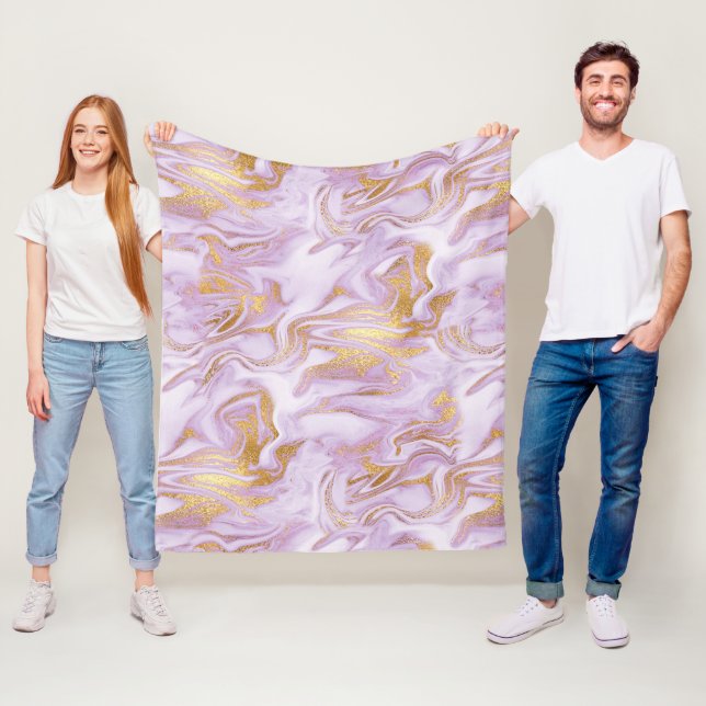 Couverture Polaire Motif de Marbre Moderne Violet Clair, Blanc et Or (En situation)