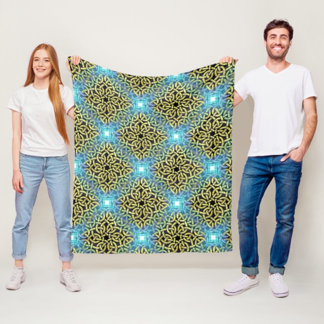 Couverture Polaire Motif de nœud celtique sarcelle et or (En situation)