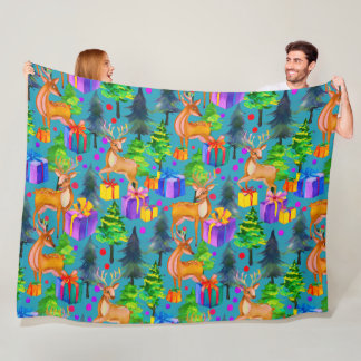 Couverture Polaire Motif de pin et cerf de Noël