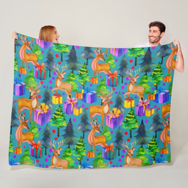 Couverture Polaire Motif de pin et cerf de Noël (En situation)