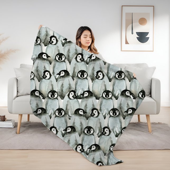 Couverture Polaire Motif de pingouin aquarelle (Watercolor Penguin Pattern Fleece Blanket from Ricaso. A cosy throw in 3 sizes)