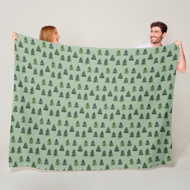 Couverture Polaire Motif de pins Noël Vert Aquarelle (En situation)