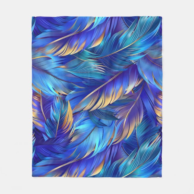 Couverture Polaire Motif de plumes d'or bleu chic (Devant)