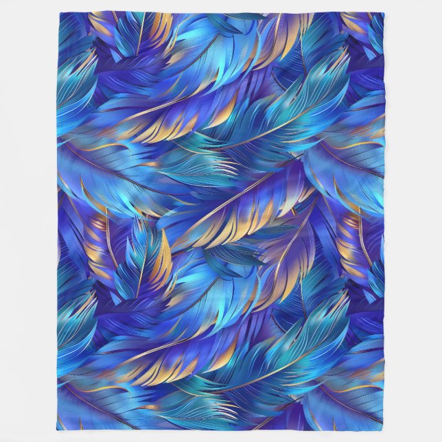 Couverture Polaire Motif de plumes d'or bleu chic (Devant)