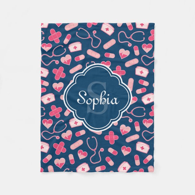 Couverture Polaire Motif de soins infirmiers rose et bleu avec Monogr (Devant)
