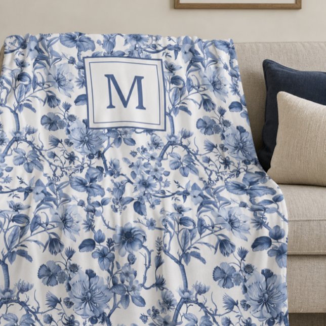 Couverture Polaire Motif de toile de chinoiserie bleue avec monogramm (Créateur téléchargé)