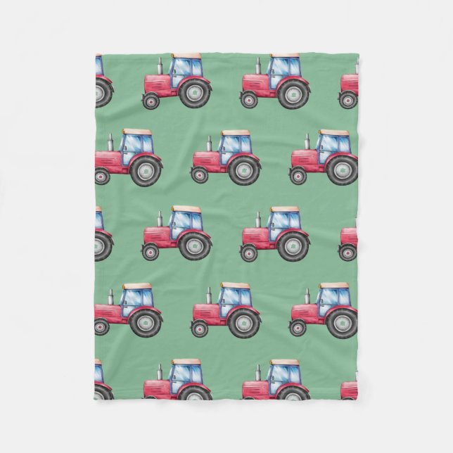 Couverture Polaire Motif de tracteur d'aquarelle rouge et vert (Devant)
