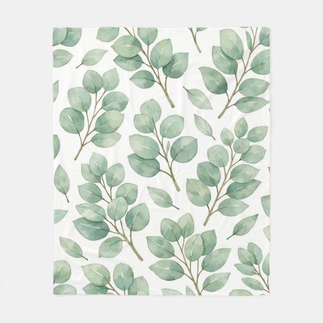 Couverture Polaire Motif de verdure d'eucalyptus à l'aquarelle (Devant)